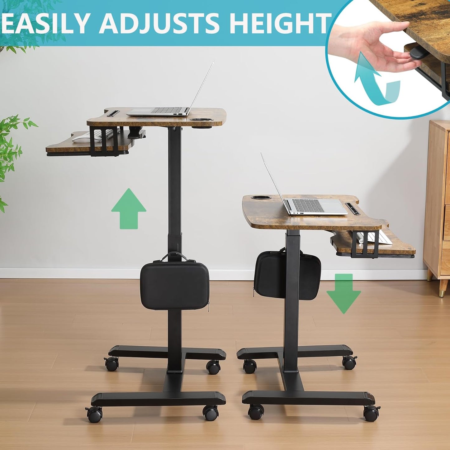 ETHU Mobile Standing Desk with Keyboard Tray,Computer Workstation, Height Adjustable Laptop cart on Wheels Rolling Desk for Home Office(Walnut)