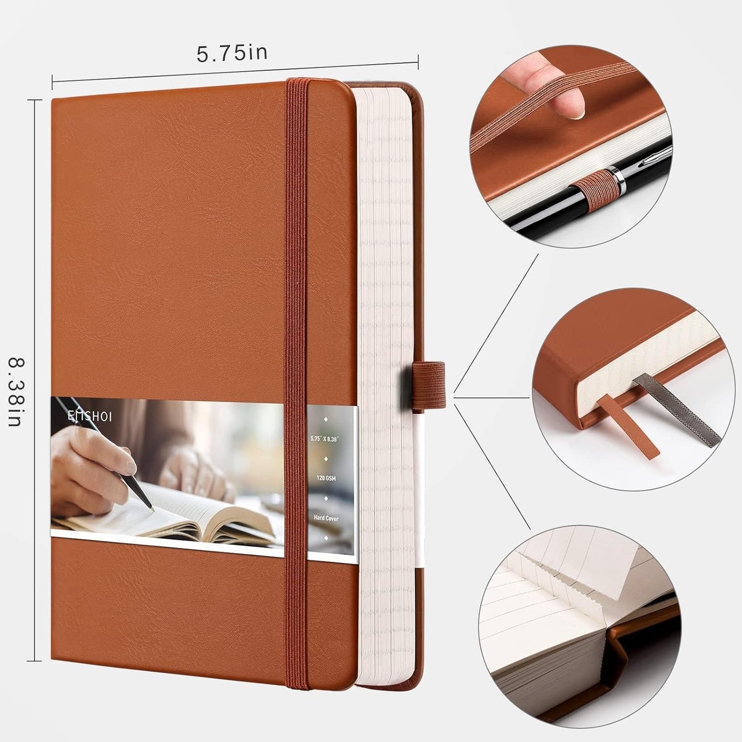EMSHOI Lined Journal Notebook, 120 gsm Leather Hardcover with Sticky Notes & 256 Numbered A5 Pages – College Ruled Notebook for Writing, Work, School, Men, Women | 5.75”x8.38” – Brown