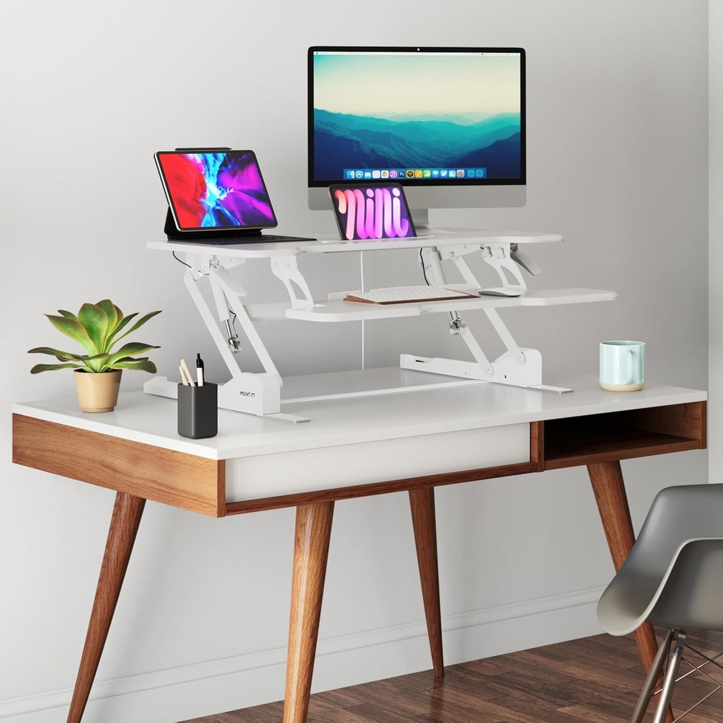 Mount-It! Standing Desk Converter White 38” Wide Height Adjustable Stand Up Desk Riser, Desk Topper with Gas Spring, Desktop Standing Desk with Keyboard Tray Fits Two Monitors