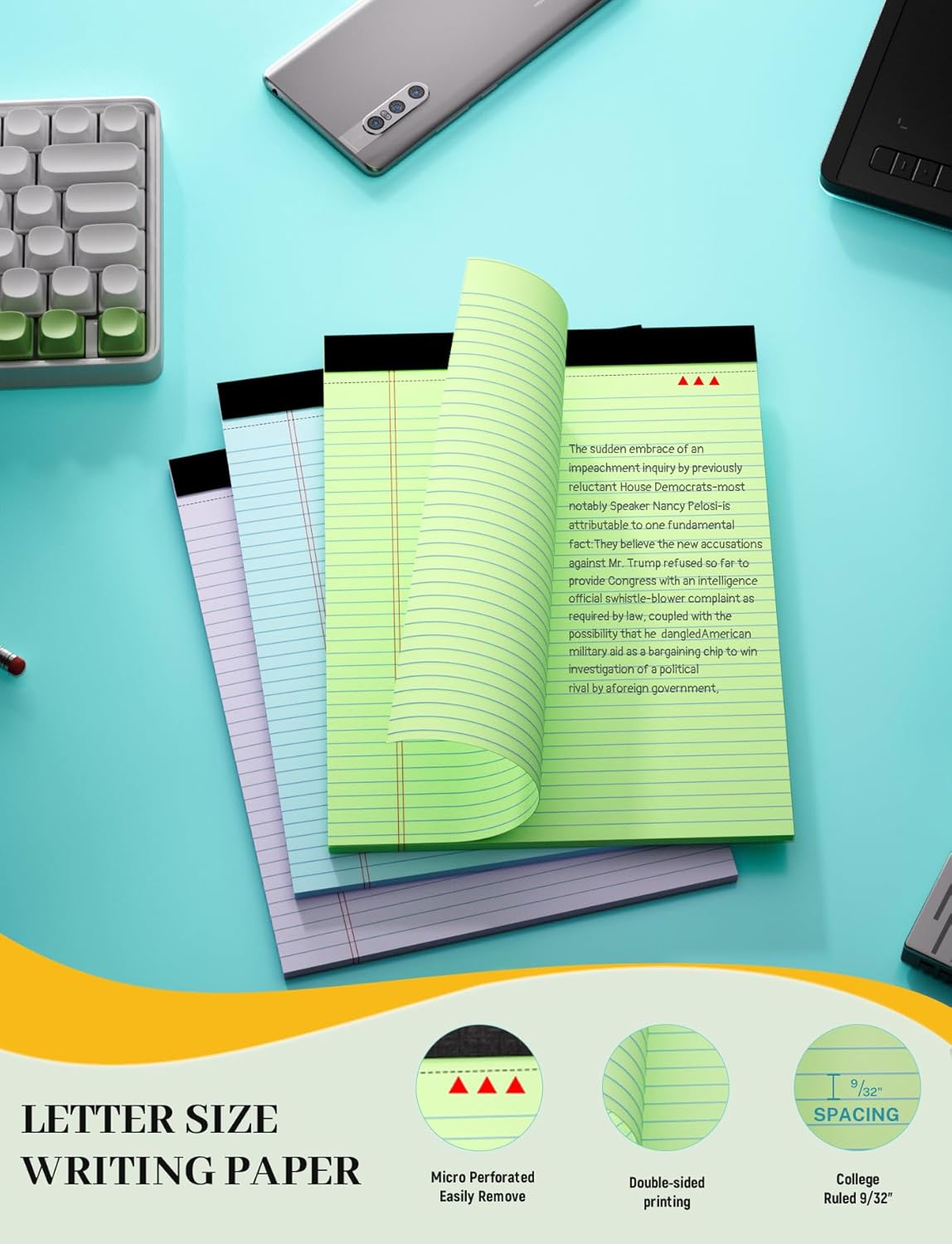 Legal Pads 8.5 x 11 In, Colored Legal Pads, 6 Pack Note Pads 8.5 x 11 Writing Paper, College Ruled Notepad with Sturdy Back, Perforated Writing Pad Lined Paper, Memo Notepad for Office, School, Home