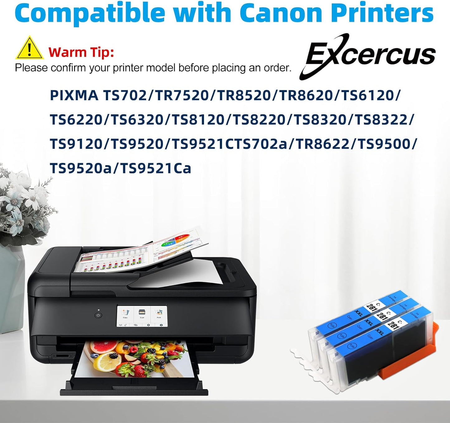 CLI-281 Cyan Ink Cartridge Replacement for Canon CLI-281XXL 281XXL 281 Cyan Use for Canon PIXMA TS6320 TR7520 TS8120 TS8320 TR8520 TS9120 (3X CLI-281XXL C)