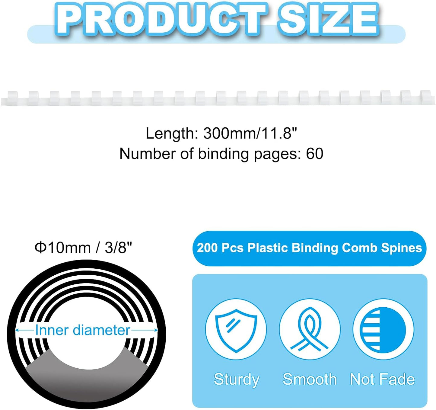 PATIKIL 10mm (3/8") Plastic Binding Combs, 200 Pcs 21 Rings Comb Binding Spines 60 Sheet Capacity Letter Size for Binding Paper Sheets Notebook Calendar Picture Album, White