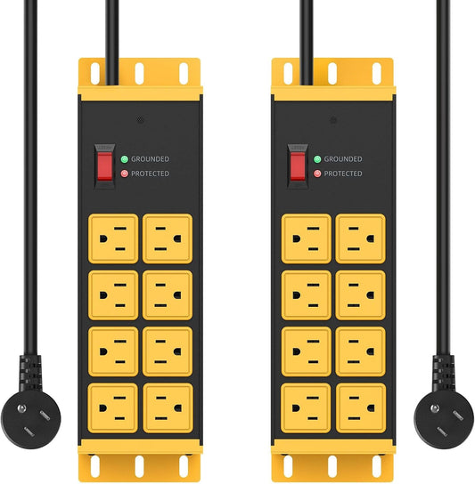 HHSOET 2 Pack Heavy Duty Power Strip 8 Outlets, Metal Wall Mount Outlet Strip 4800J Surge Protector, Garage Shop Under Desk Mountable 5FT Extension Cord Plug.