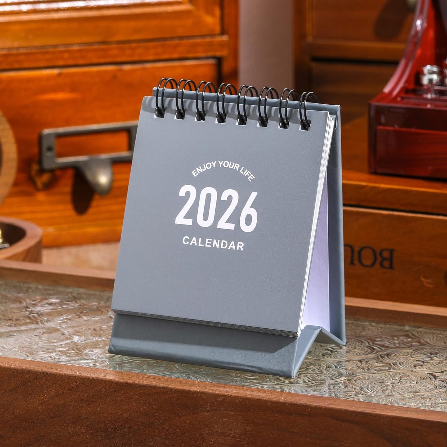 Mini Desk Calendar 2025-2026 - July 2025 to Dec 2026 Small Desktop Calendar Thick Paper Twin-Wire Binding with Stickers for Home Office School (Mini Grey)