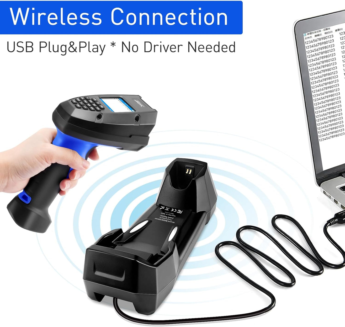 Inventory Scanner Wireless, JRHC 1D Laser Barcode Scanner with Charging Base Barcode Reader Data Terminal Data Collector 2- in -1 USB Connection & 2.4G Wireless Bar Code Scanners with Screen