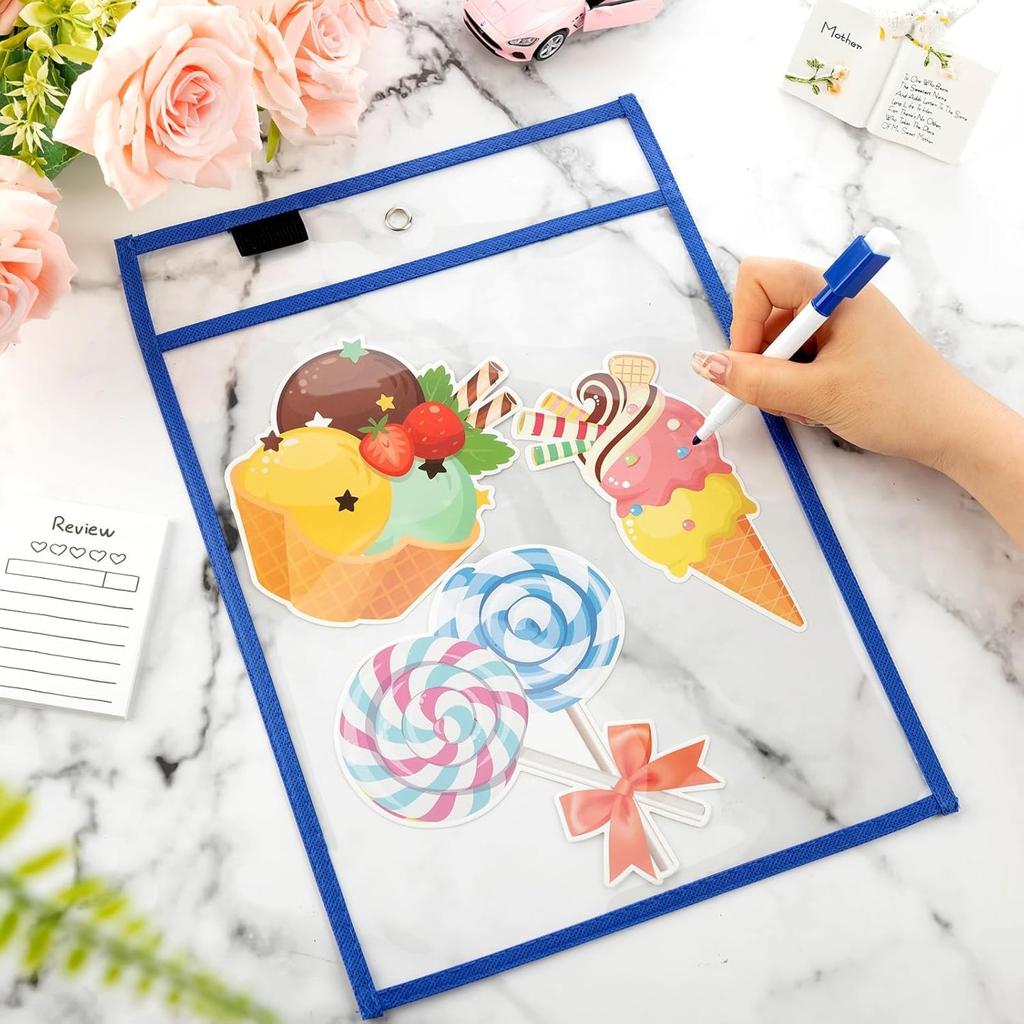 Seajan 120 Pcs Clear Dry Erase Pockets Plastic Sleeves for Paper 14 x 10 Inch Reusable Document Holder Shop Ticket Holders Dry Erase Pocket Organizer Teacher Supplies for Classroom (Vibrant Color)