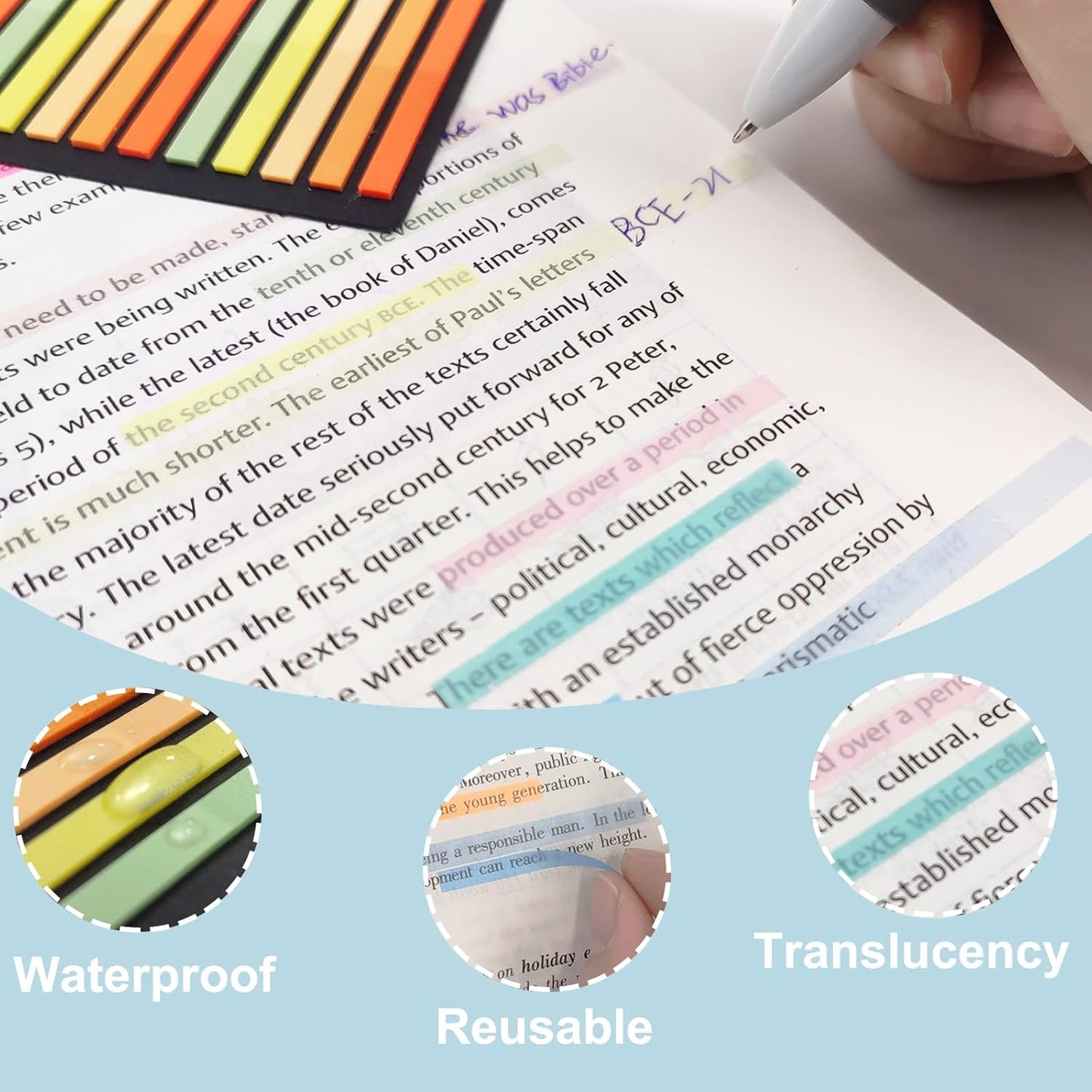 Potanro Sticky Tabs 2300 Pcs Translucent Sticky Tabs 10 Sheets Highlighter Book Tape Long Highlighting Sticky Tabs for Annotating Books, Aesthetic Office Suppliesbook for Annotating Books