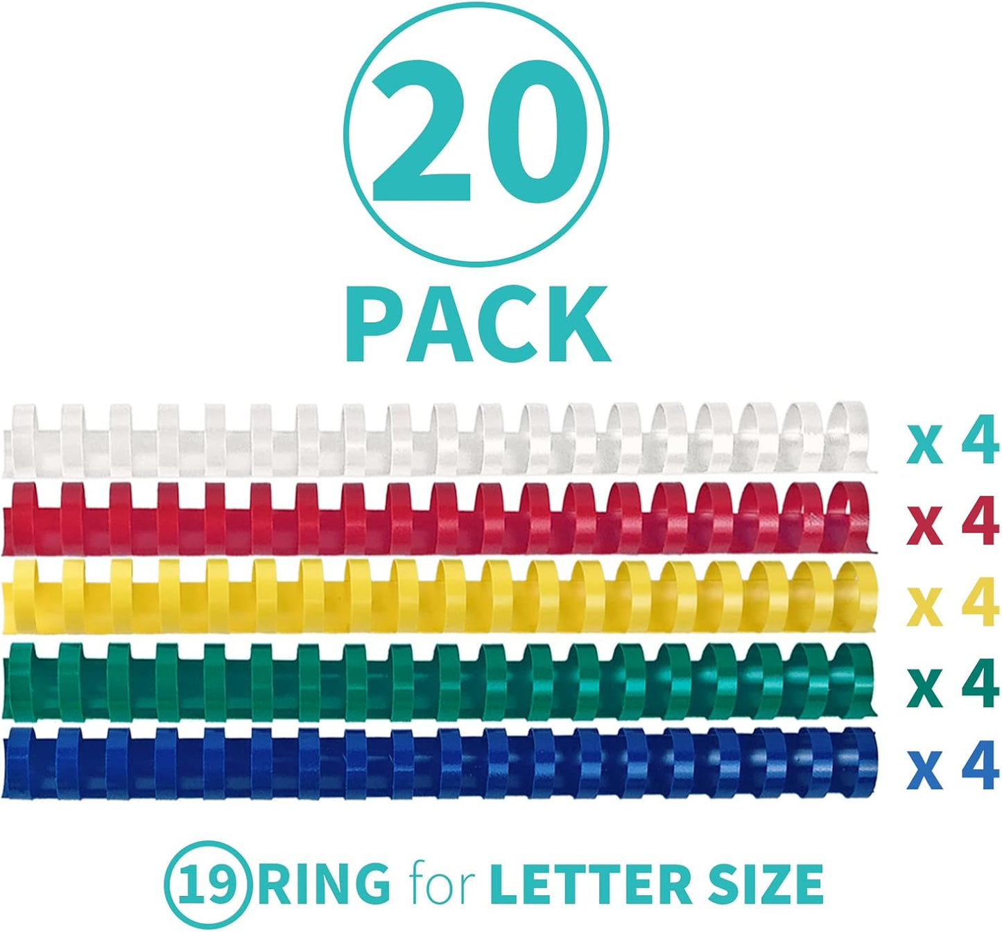 Binditek 20 Pack Plastic Binding Comb Spines, 1 Inch Diameter, 225 Sheet Capacity, 19 Ring, for Letter Size, Multi Color (White, Yellow, Red, Green, Blue), for Students and Coworkers