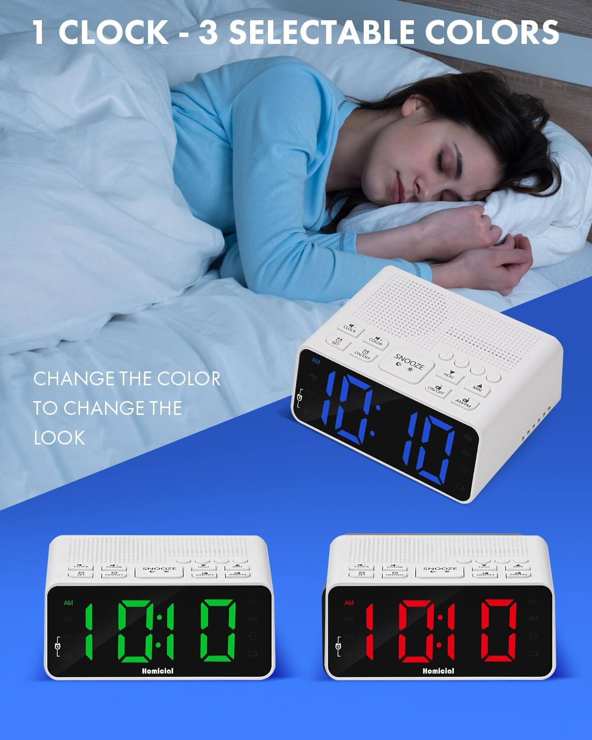 Digital Alarm Clock Radio with AM/FM Radio, Multi-Colors 1.4” LED Digits, Preset, Sleep Timer and Clear Display with Dimmer for Bedroom Bedside, Outlet Powered with Battery Backup (White)