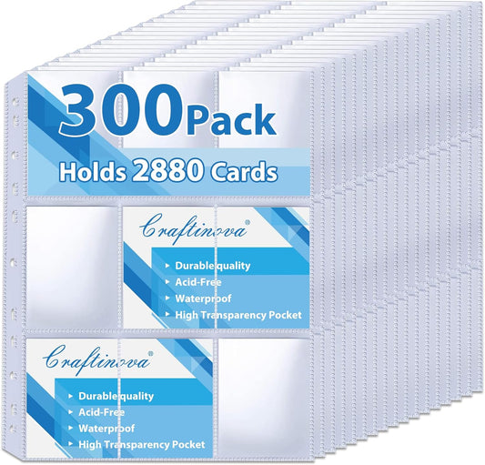 300 Pack 9 Pocket Card Sleeves Binder Sheets，Holds 5400 Cards, Clear Trading Card Sleeve Pages Protector for Trading Card Binder Sleeves Fit for Baseball,Football,Game,Business Cards