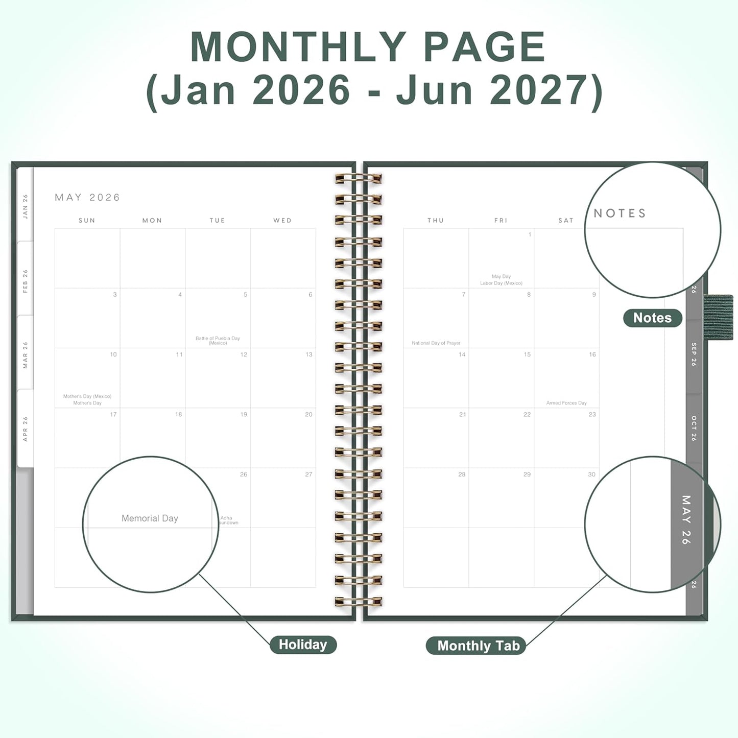 And Per Se 2026 Planner, A4 Size-Daily, Weekly & 18-Monthly Leather Hardcover Planner, Daily Schedule, Monthly Tabs, 100 GSM Thick Paper(Green)