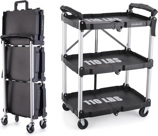 FUTURELAB Portable Folding Service Cart - 3 Tier 330LBS Capacity - Rolling Utility Foldable Cart with Wheels for Warehouse Home Workshops Garages Restaurants Offices