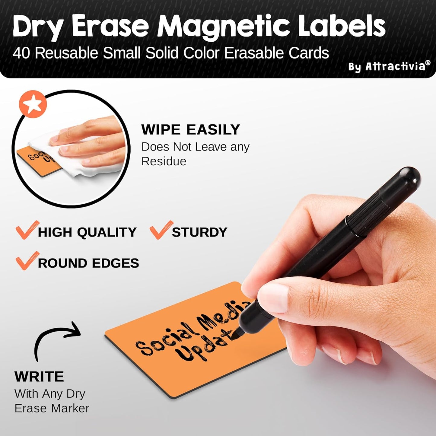 Dry Erase Magnetic Labels 2.8 x 1.8 in, Solid Colors, Small Dry Erase Magnets, 40-Pack, Colored Erasable Write-On All-Purpose Labels, for Office, Education, Home, Whiteboard