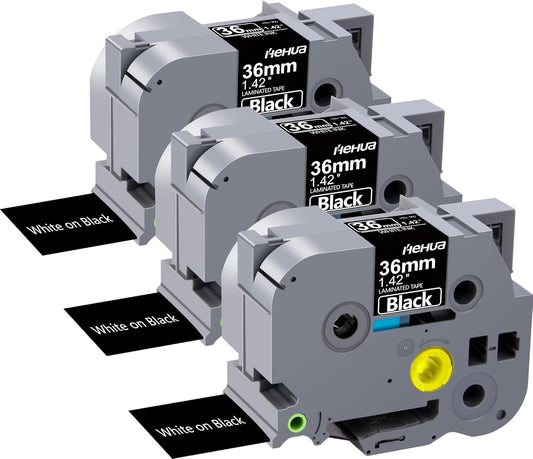 Hehua Tze Tz Tape 36mm 1.4 inch Laminated Black Tape Compatible for Brother P-Touch TZe-365 TZe365 TZ-365 TZ365 Label Tape for Ptouch PT 3600 530, 1.4'' x 26.2ft White on Black, 3 Pack