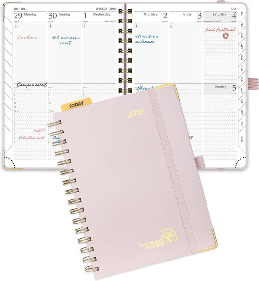 POPRUN 2026 Planner (Medium Size 8.5'' x 6.25'' Wire-Bound Hard Cover) Daily Weekly and Monthly Calendar - Agenda 2026 (Jan.2026-Dec.2026) with Hourly Schedule, Monthly Tabs - Light Pink