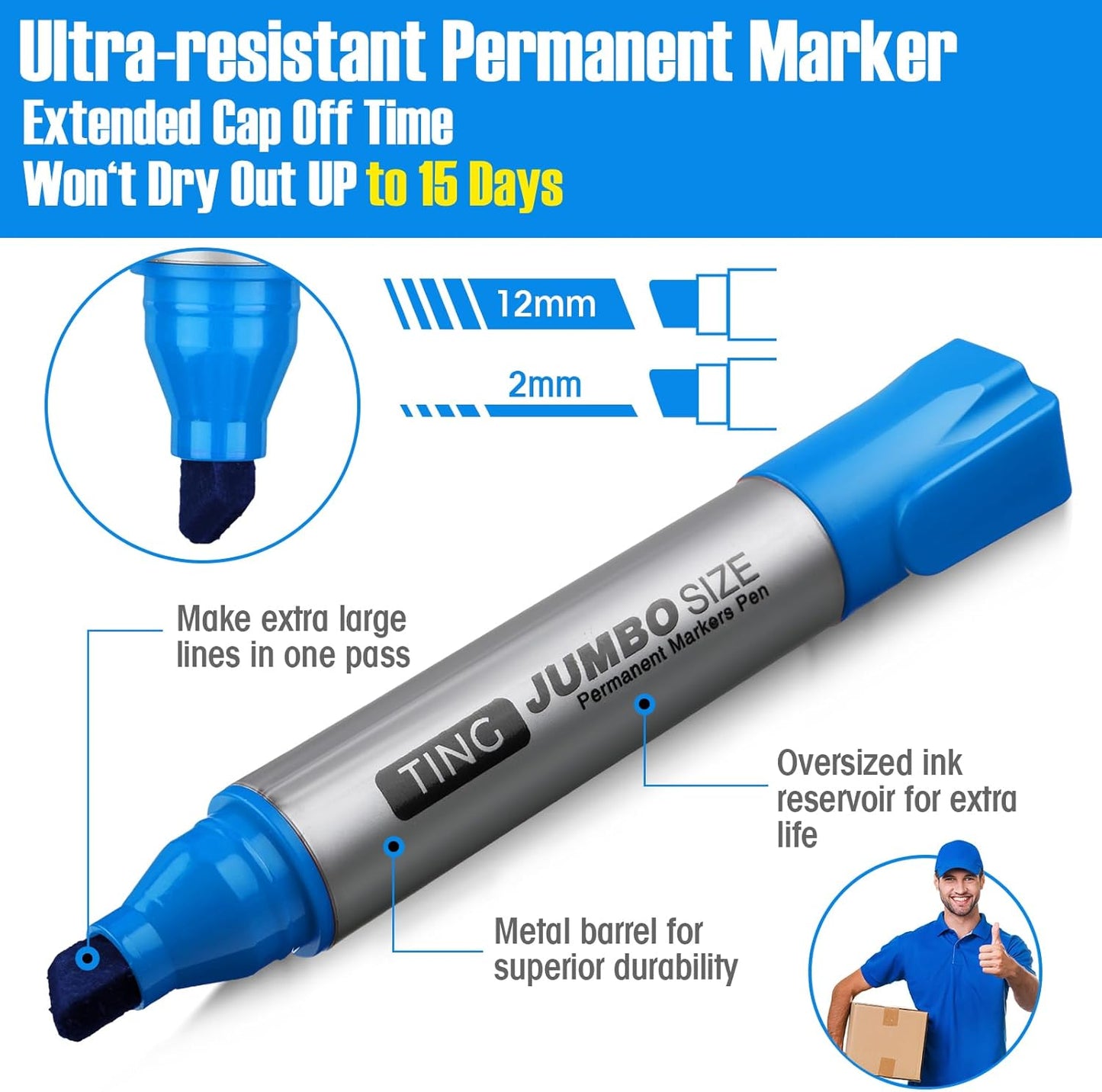 Fuutreo 10 Pack Jumbo Permanent Markers Bulk Large Chisel Tip Permanent Markers Quick Drying Waterproof Big Huge Poster Pens for Office, Logistics Company and More(Lake Blue)