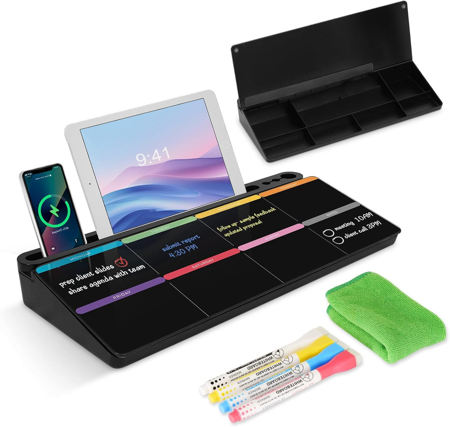 Desktop Glass Whiteboard with Storage, Colorful Weekly Calendar Desk Dry Erase White Board, Desk Organizers and Accessories, Weekly Planner with Notes for List, Planning, Memo, Office, Home, School