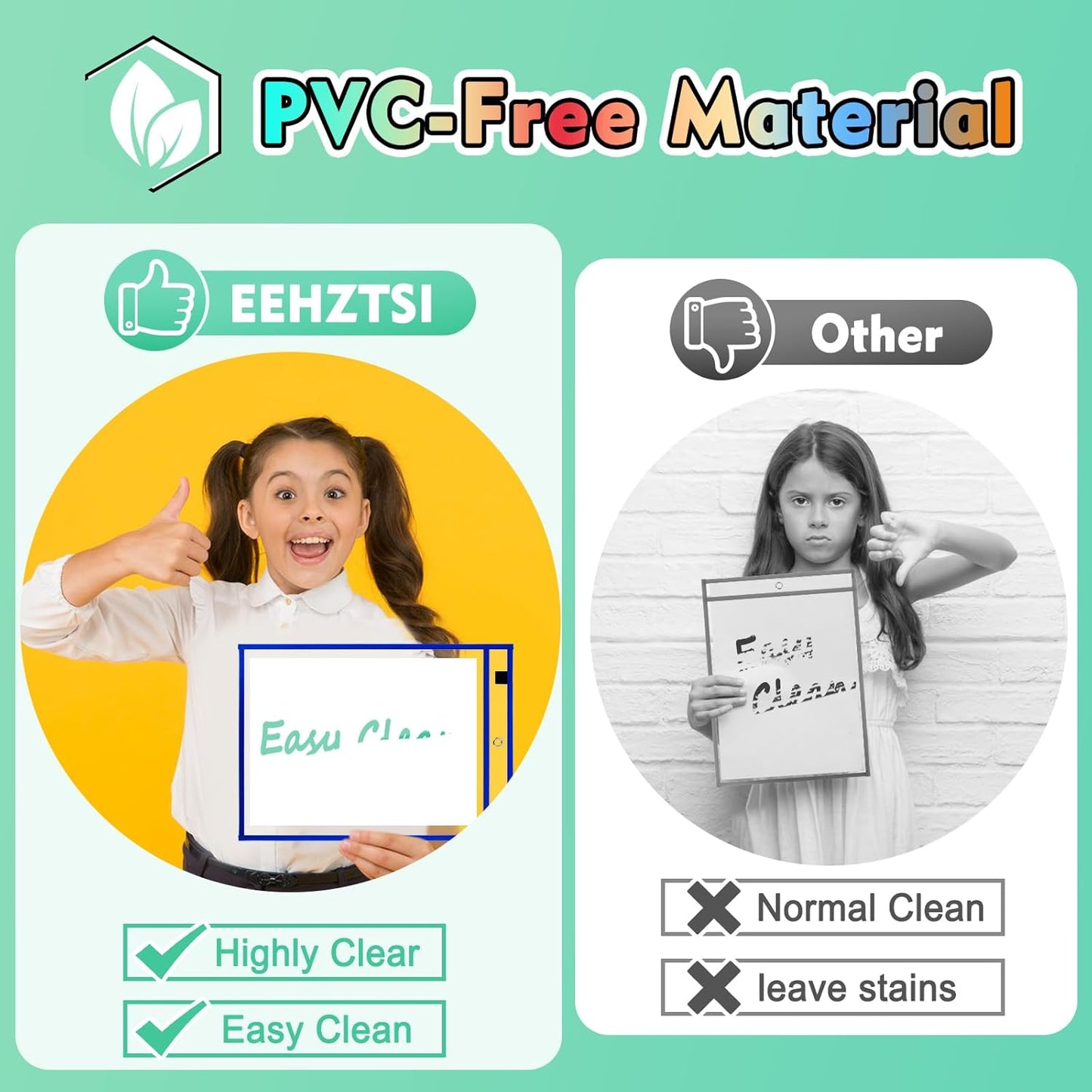 50 Packs Dry Erase Pocket Sleeves, Reusable Clear Plastic Classroom Sleeves, 10x14 Inch Ticket Holders, for School/Office Organization