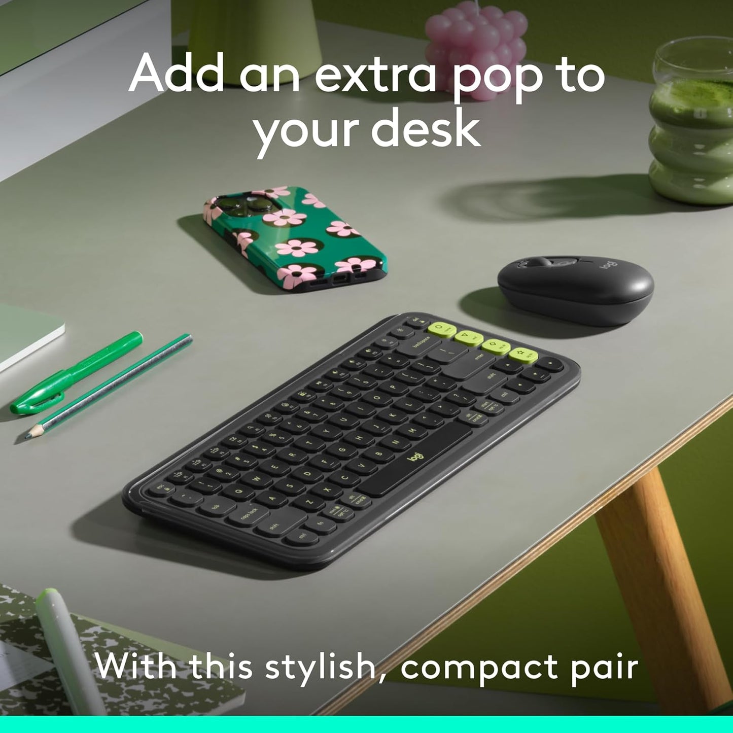 Logitech POP ICON Combo, Bluetooth Keyboard and Mouse Combo, Comfortable Typing, programmable Keys and Buttons, Quiet clicks, Easy-Switch up to 3 Devices - Graphite and Lime