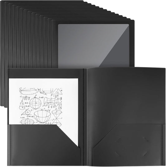 Teling 24 Pcs Plastic Folders with Front Clear Pocket and Business Card Holder 2 Pocket Folders Letter Size Paper for School Office Supplies Nice Gift for Christmas New Year School Supply (Black)