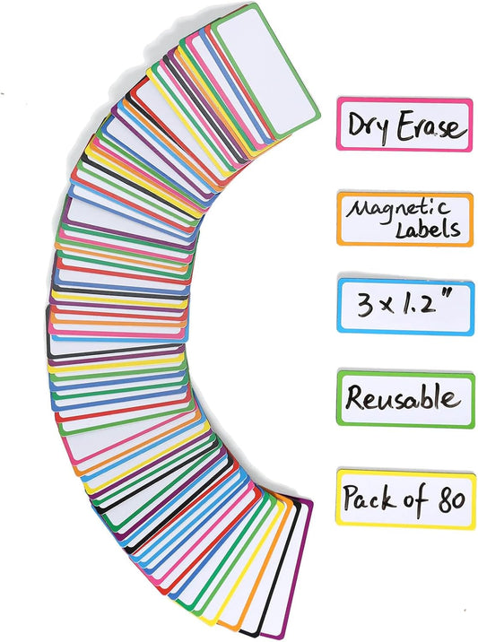 Dry Erase Magnetic Labels: 80PCS, 3x1.2”, Magnetic Name Tags Plates for School Classroom & Office, Reusable Name Magnets for Whiteboards, Lockers, Iron Shelf & Fridge