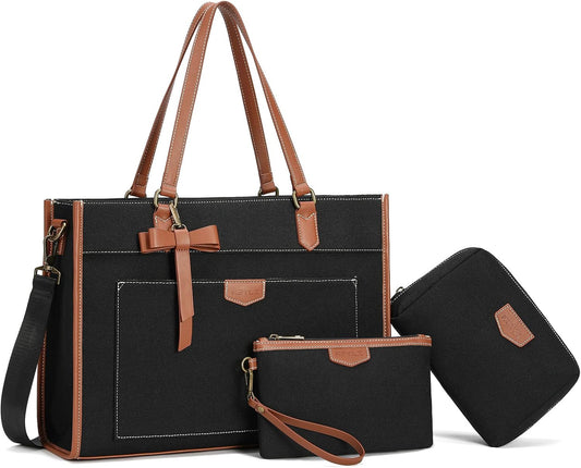 Keyli 3pcs Laptop Bag for Women,15.6 Inch Canvas Tote Bag Work Bags Large Business Computer Briefcase Shoulder Handbag Purse