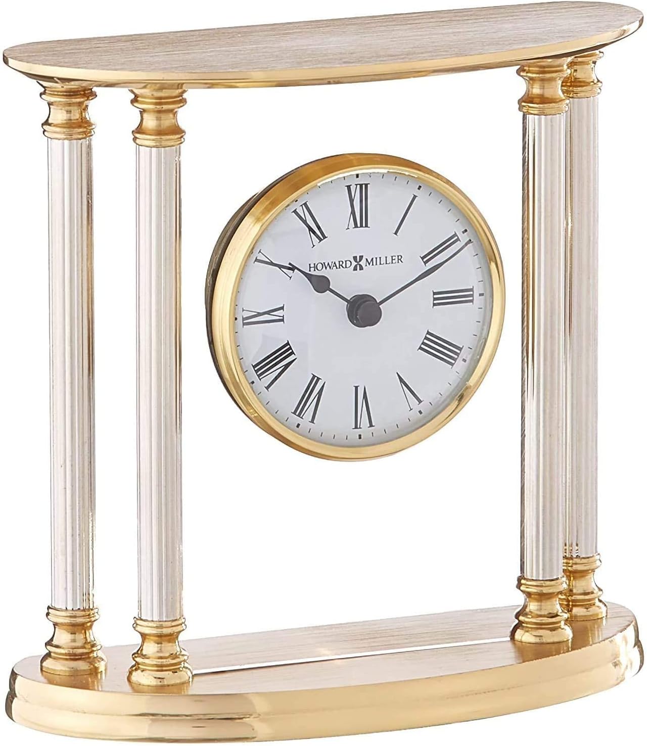 Howard Miller New Orleans Tabletop Clock – Elegant Brass Accent Clock with Palladium Plated Fluted Columns Quartz Movement Traditional Design for Office Mantel & Home Decor