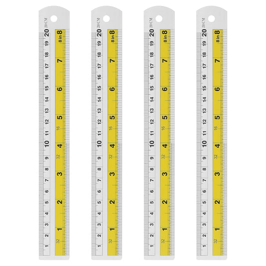 HARFINGTON 4pcs Metal Straight Ruler 20cm Metric SAE Aluminum Alloy Measuring Rulers Scale Tool with Hole for Measure Study Reading Classroom Office, Yellow