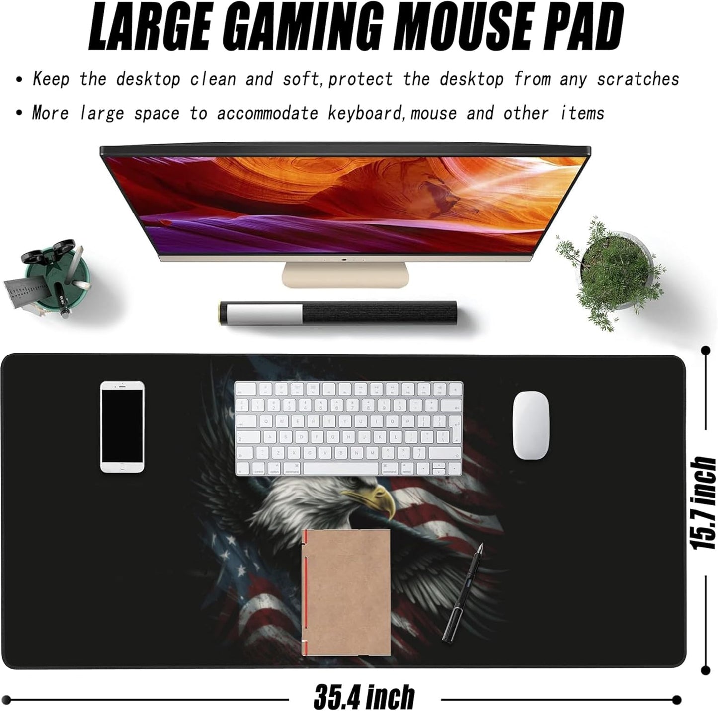 Desk Mat, USA Flag and Bald Eagle Extended Large Gaming Mouse Pad for Desk XXL, Non-Slip Rubber Base Stitched Edges Long Computer Keyboard Desk Pad Mouse Mat for Home Office Gaming 35.4"X15.7"