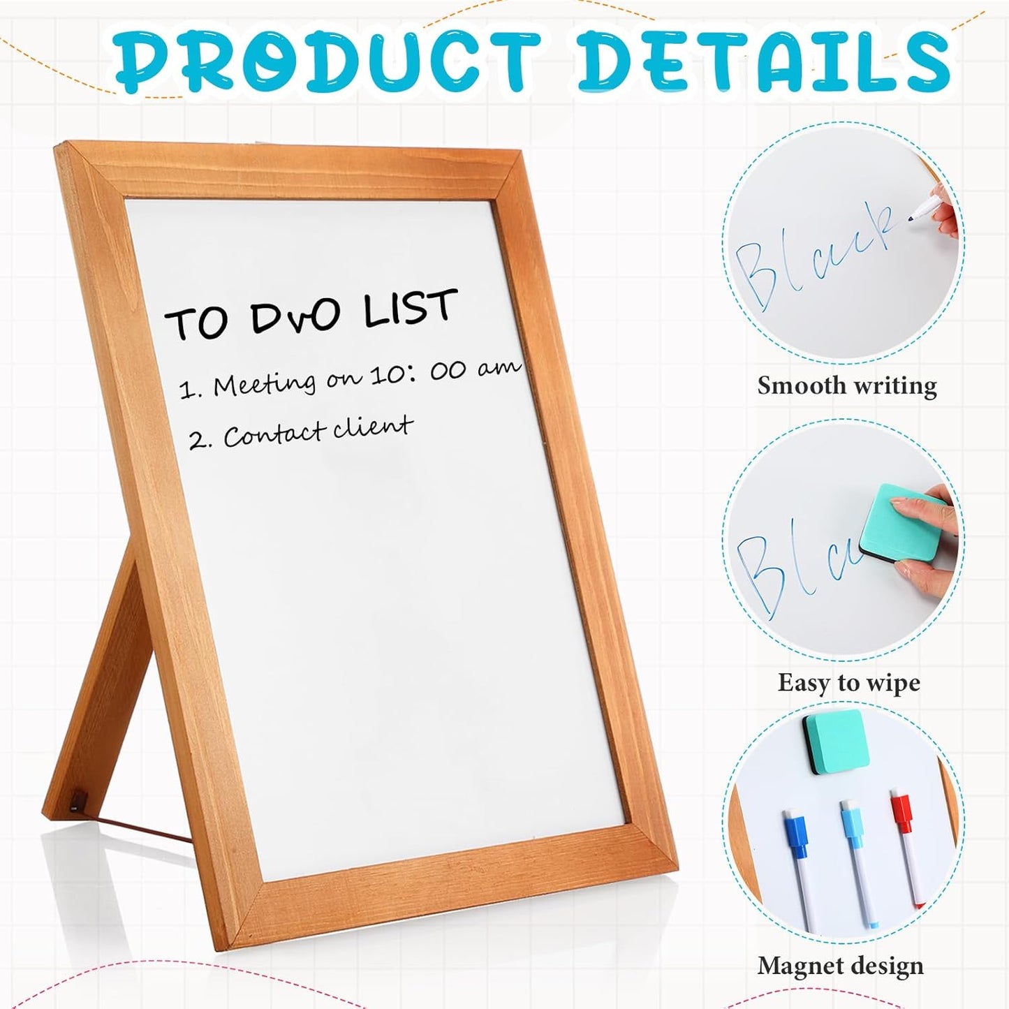 Chuangdi Desktop Dry Erase Board Whiteboard with Stand 14 x11 Desktop Whiteboard Wooden Frame White Writing Board with 8 Pcs Marker Pens 1 Magnetic Eraser for School Office Restaurant Menu Supplies