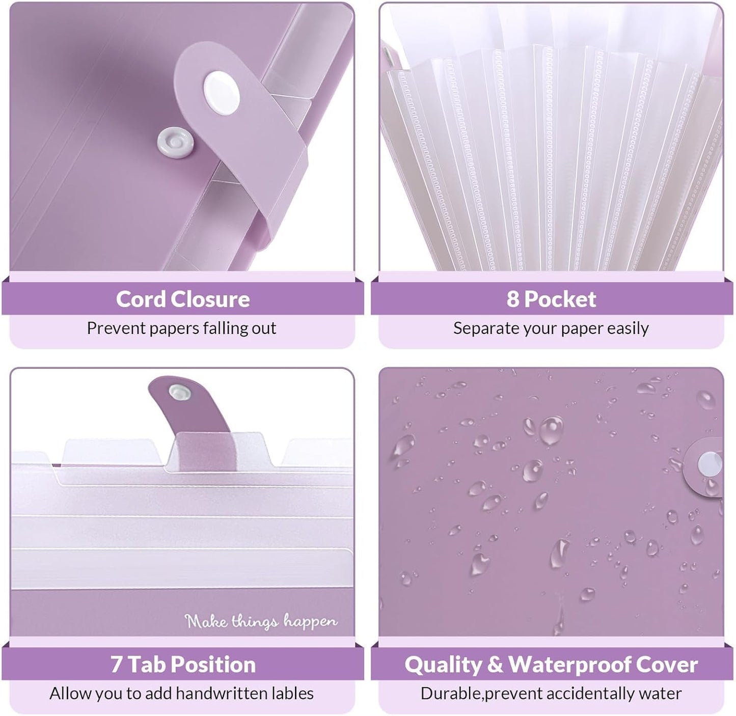 SKYDUE File Folder with Labels, Accordion File Organizer with 8 Pockets, Portable Document Organizer, A4 Letter Size, Paper Organizer for Office, Purple