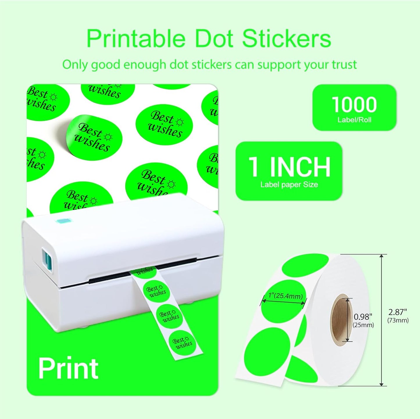 1 Inch Circle Dot Stickers 1000 PCS Color Coding Thermal Labels Dots Writable Printable Small Round Stickers for Office, Classroom, Inventory, Garage, Organizing Storage, Fluorescent Green