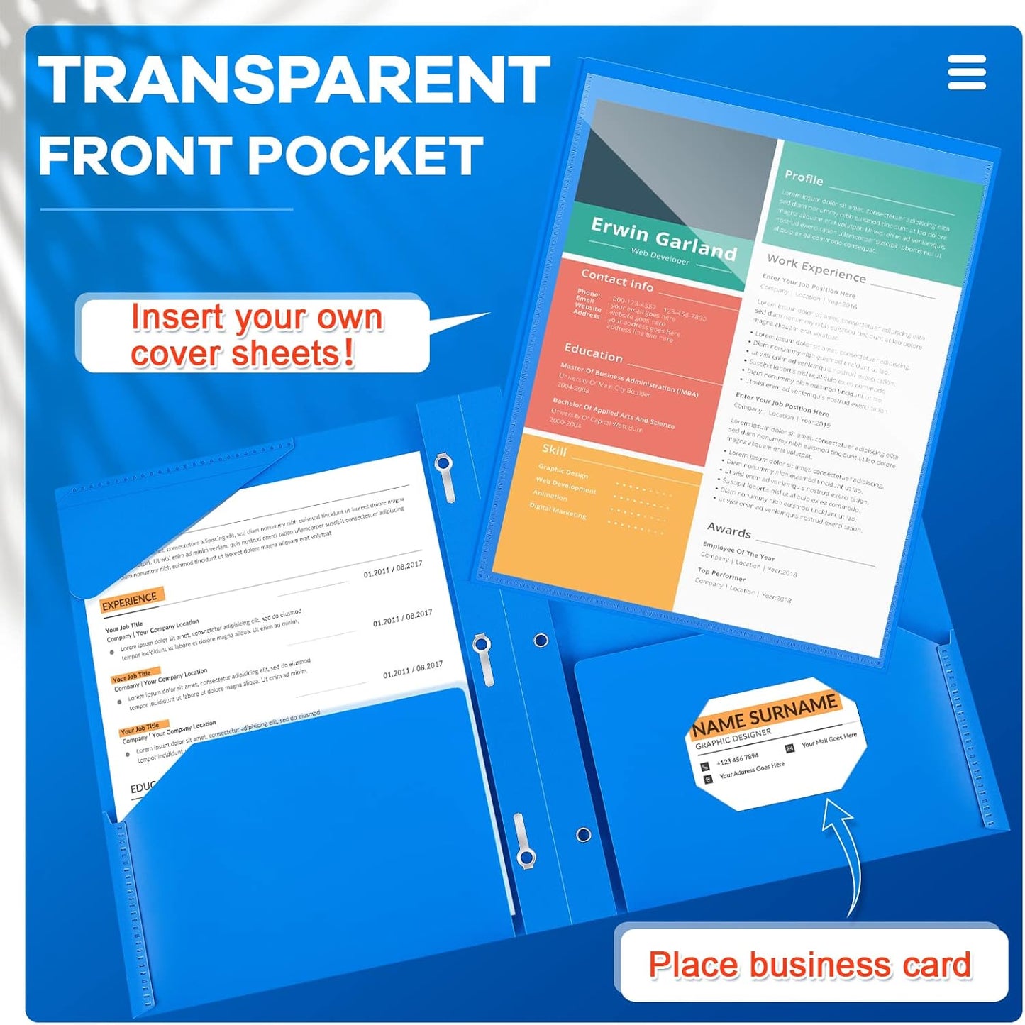 Henoyso 18 Pcs Plastic Folder with Clear Front Pocket and 3 Prong Plastic Folders with Card Slot Pocket Folders with Prongs for School Office (Blue)