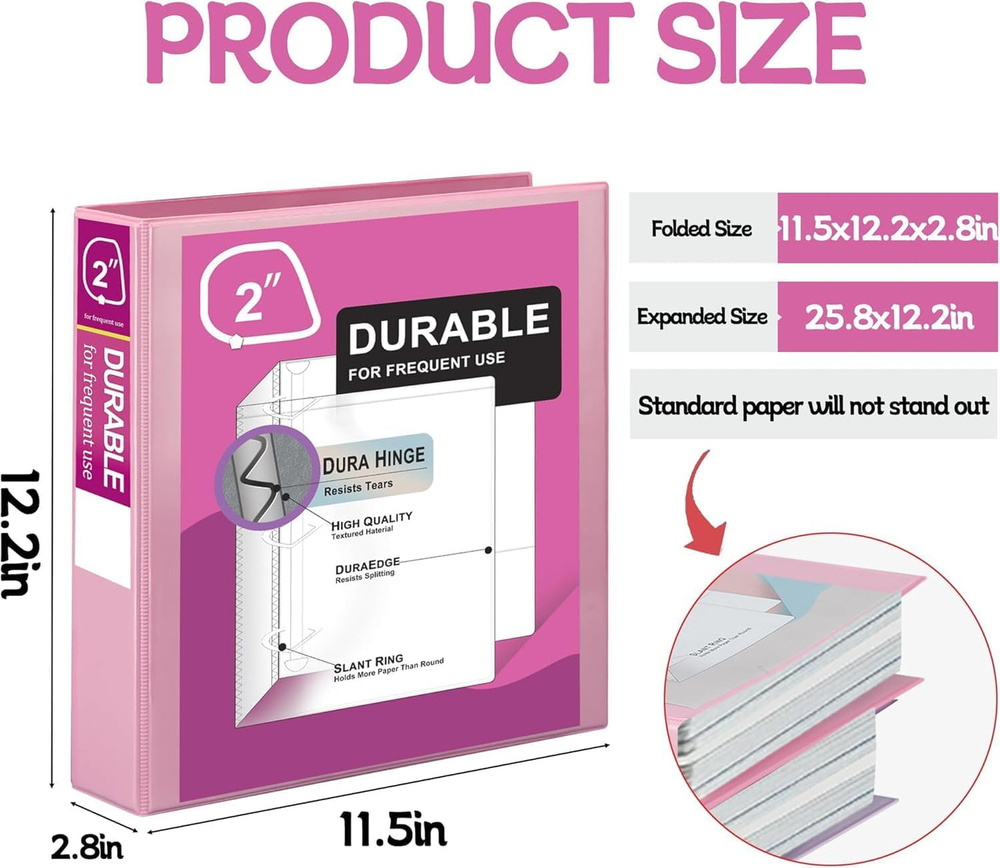Zzrywuty Durable 3 Ring Binder, 2 Inch, Economy 4 Pack, Each Holds 400 Pages, D-Ring Presentation View Binders for Office, School, Home (Pink)