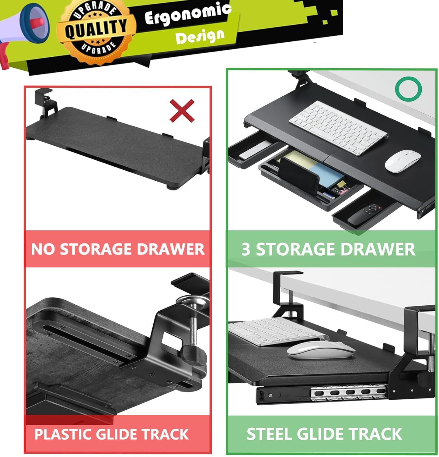 ETHU Keyboard Tray Under Desk, Ergonomic Corner Keyboard Tray with 180° Adjustable C Clamp for L Shape Desk 26.77" X 12.2" Easy to Install, Computer Keyboard Stand for Home and Office(Black)