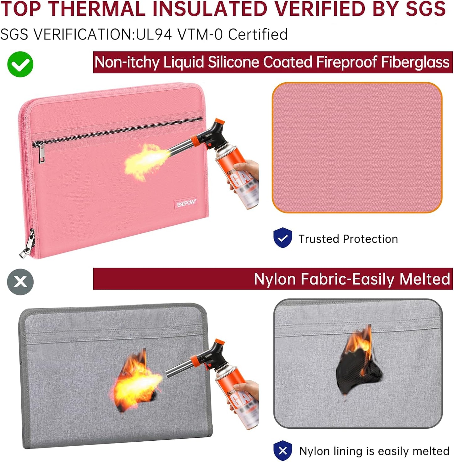 ENGPOW Accordion File Organizer,Fireproof 13 Pockets Expanding File Folder,Document Organizer Folder with Zipper＆Labels,Portable Home Travel Safe Storage for Letter A4 Files and More,Pink