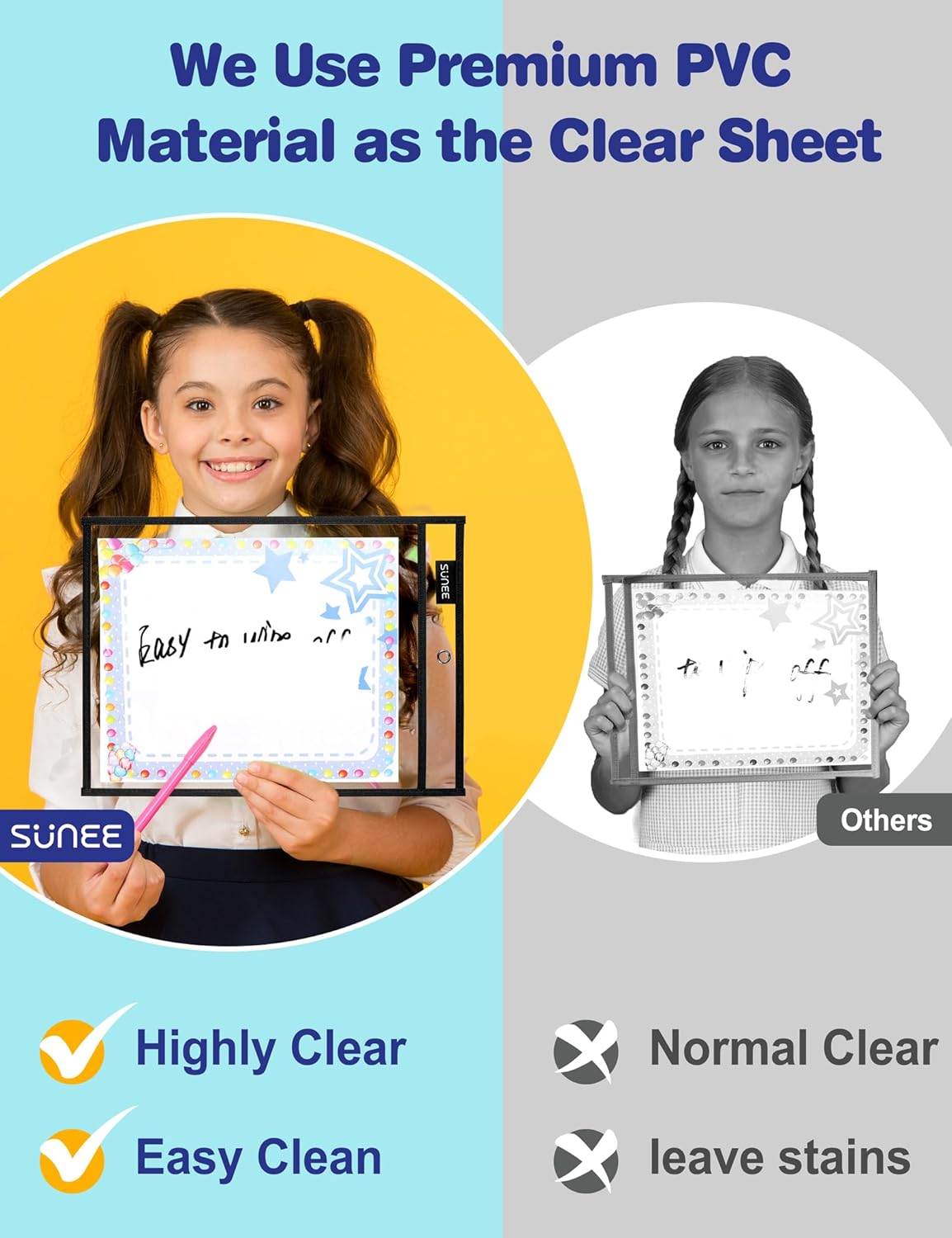 SUNEE 6 Packs Oversized Reusable Dry Erase Pocket Sleeves with Ring, Black 10x14 Ticket Holders, Clear Plastic Sheet Protectors, Teacher School Classroom Supplies