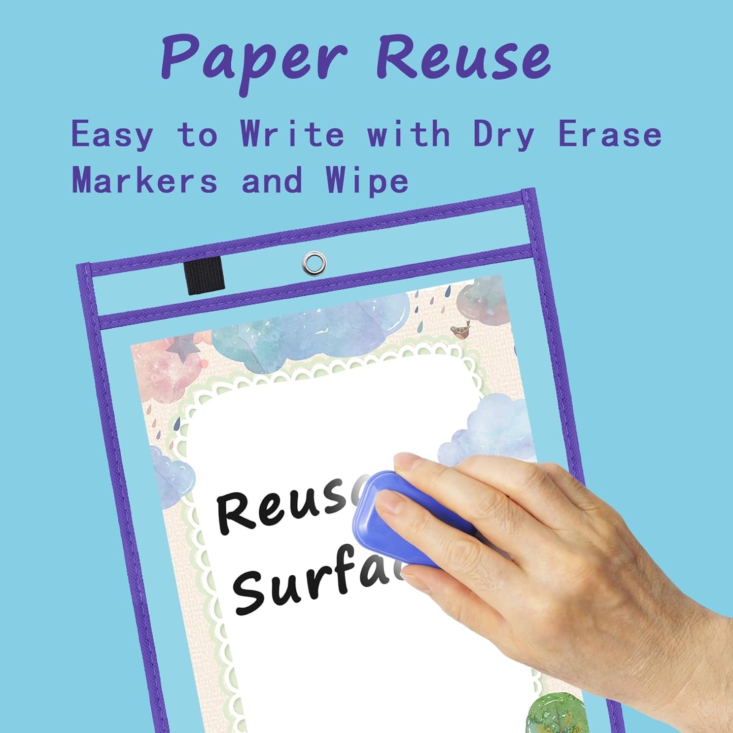 Antner 30 Pack Oversized Dry Erase Pockets Sleeves Reusable Ticket Holders, Clear Plastic Sheet Page Protectors, Heavy Duty Work Pockets School Teacher Classroom Office Organization Supplies, 10 Color