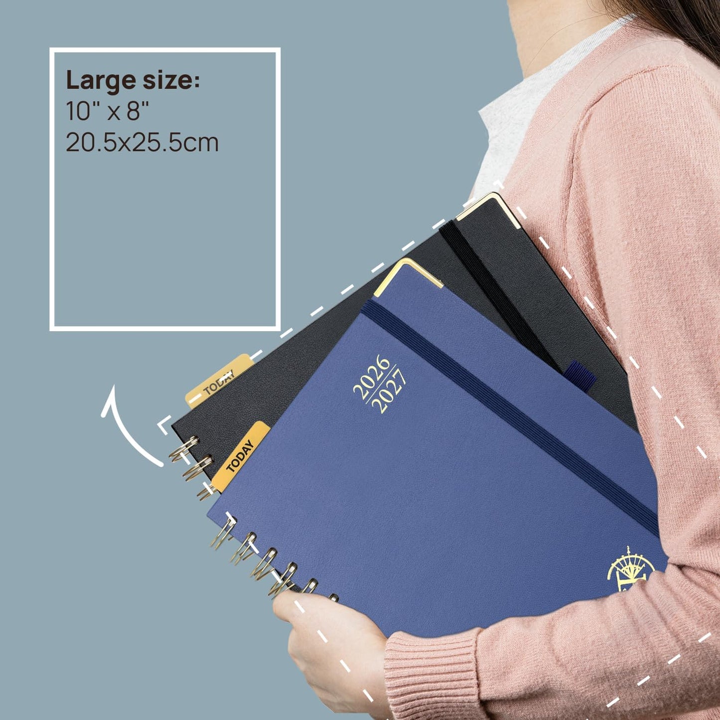 POPRUN Monthly Planner 2026-2027 Spiral Hardcover (8'' x 10''), 18 Months Calendar (Jan.2026-Jun.2027) - 2 Pages per Month with Dotted Note Pages, Sunday Start, Laminated Tab - Black