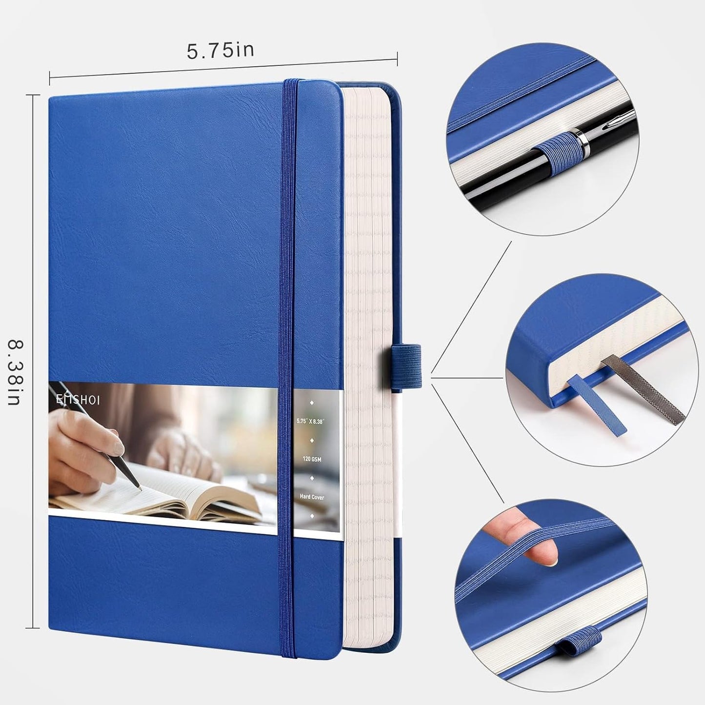 EMSHOI Graph Paper Notebook - 256 Pages A5 Graph Notebook/Journal, Square Grid Notebooks for Work, 120gsm Thick Paper, Executive Hardcover Leather, Inner Pocket, Pen Loop 5.75'' × 8.38''-Blue