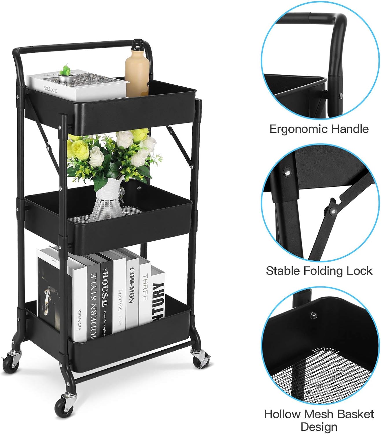 Foldable 3 Tier Metal Utility Rolling Cart, Folding Mobile Multi-Function Storage Trolley Organizer Cart for Home Library Office(Black)