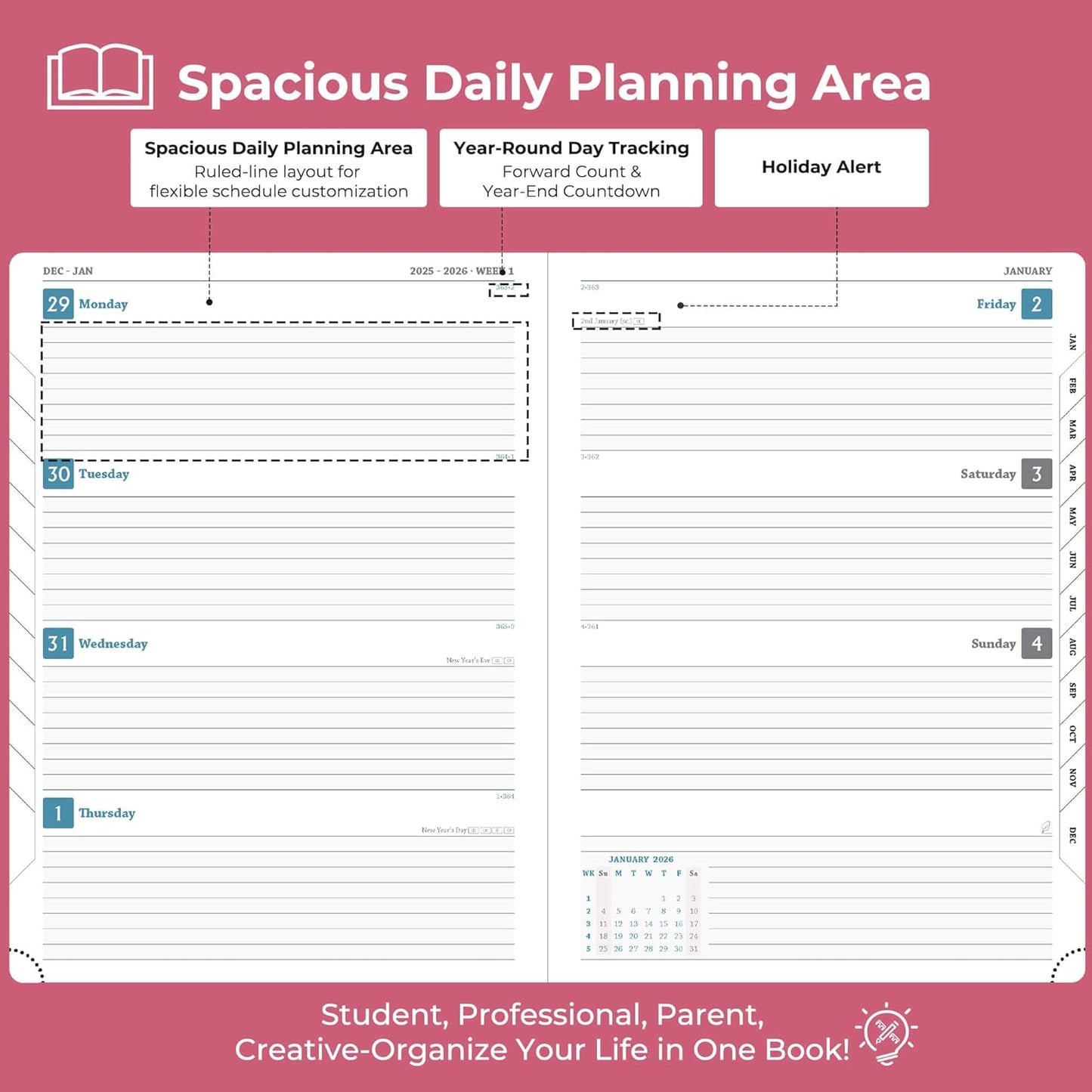 IN-LUXPRO Weekly Monthly 2026 Planner (Jan.26-Dec.26),8.5"x6.5",12 Months Agenda Plan with Month Tabs & Pocket,Expenses/Note Pages, Appointment Book Calendar with Vegan Leather Cover,Rose Red