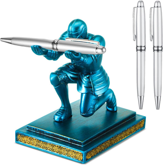 Spakon Knight Pen Holder with 2 Pens Resin Desk Organizers and Accessories Funny Executive Pen Stand Fancy Cool Office Gadgets Cool Desk Decorations for Men Home Supplies(Classic,Blue)