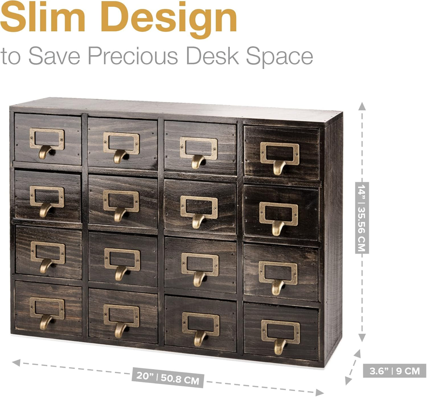 Dark Ash 16-Drawer Card Catalog Artisan Drawer Chest - 20"x3.6"x14" - Desktop Apothecary Crafted in Solid Wood, Curating Timeless Order - A 4-Tiered Storage with Label Holders & Handles for Your Table