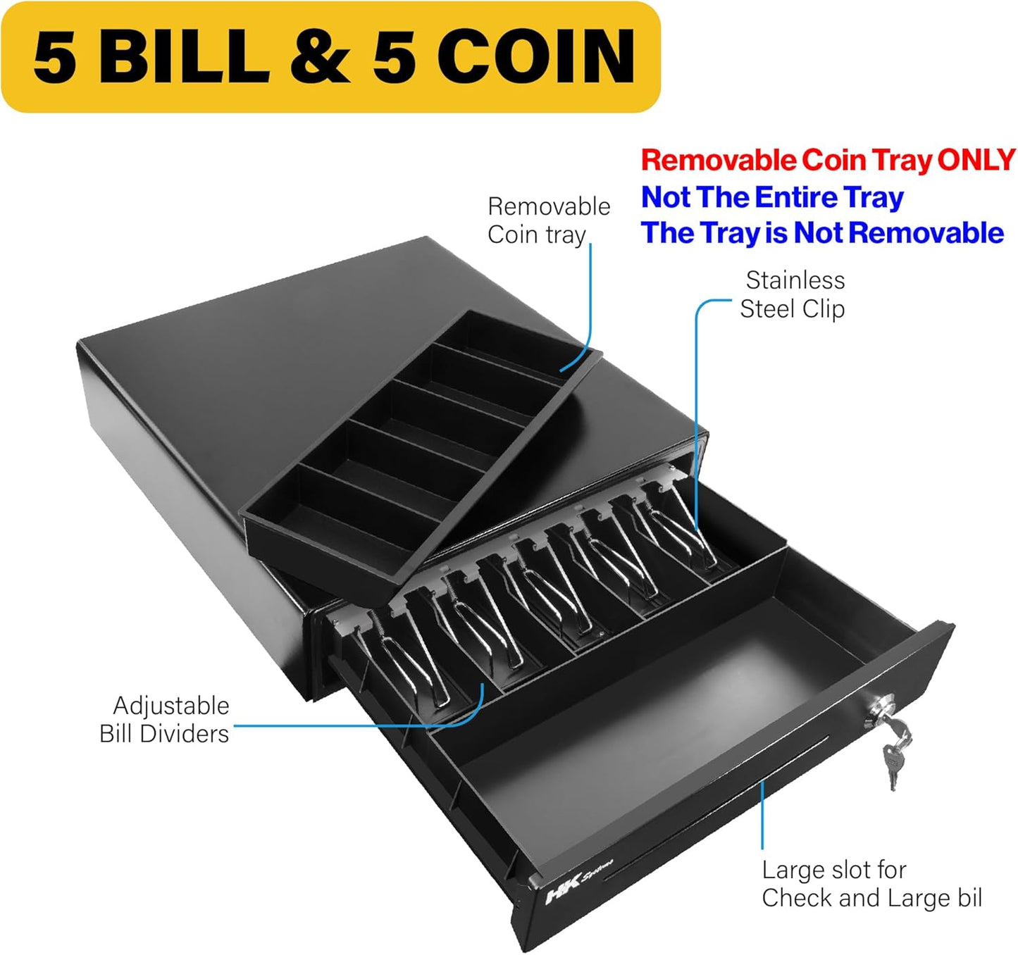 HK SYSTEMS 16" Heavy Duty Black POS Cash Drawer with 5Bill/5Coin, Removable Coin Compartment ONLY, 24V, RJ11, Single Large Front Media Slots, Black