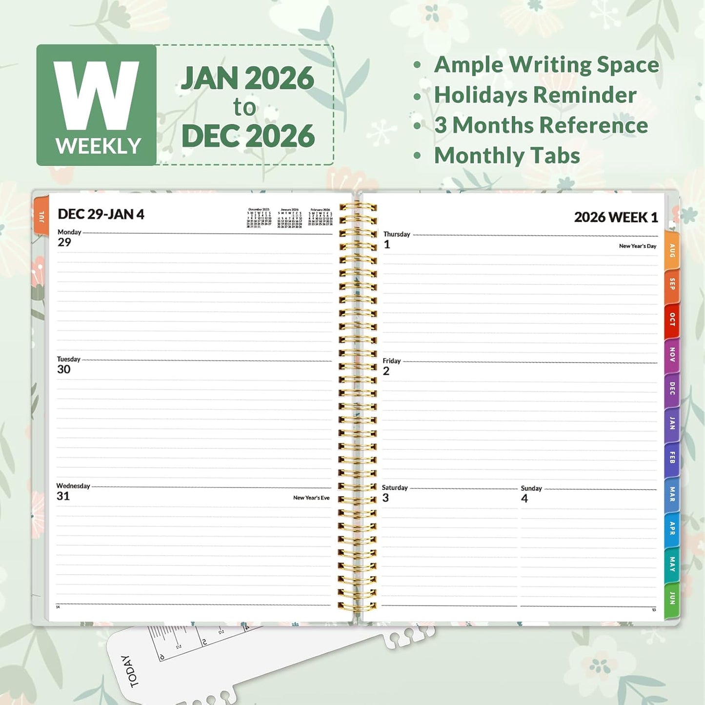 SUNEE 2026 Weekly and Monthly Planner - from January 2026 - December 2026, 8.5"x11" Daily Agenda Planner with Monthly Tab, Flexible Cover, Note Pages, Pockets, Bookmark, Green Wildflowers