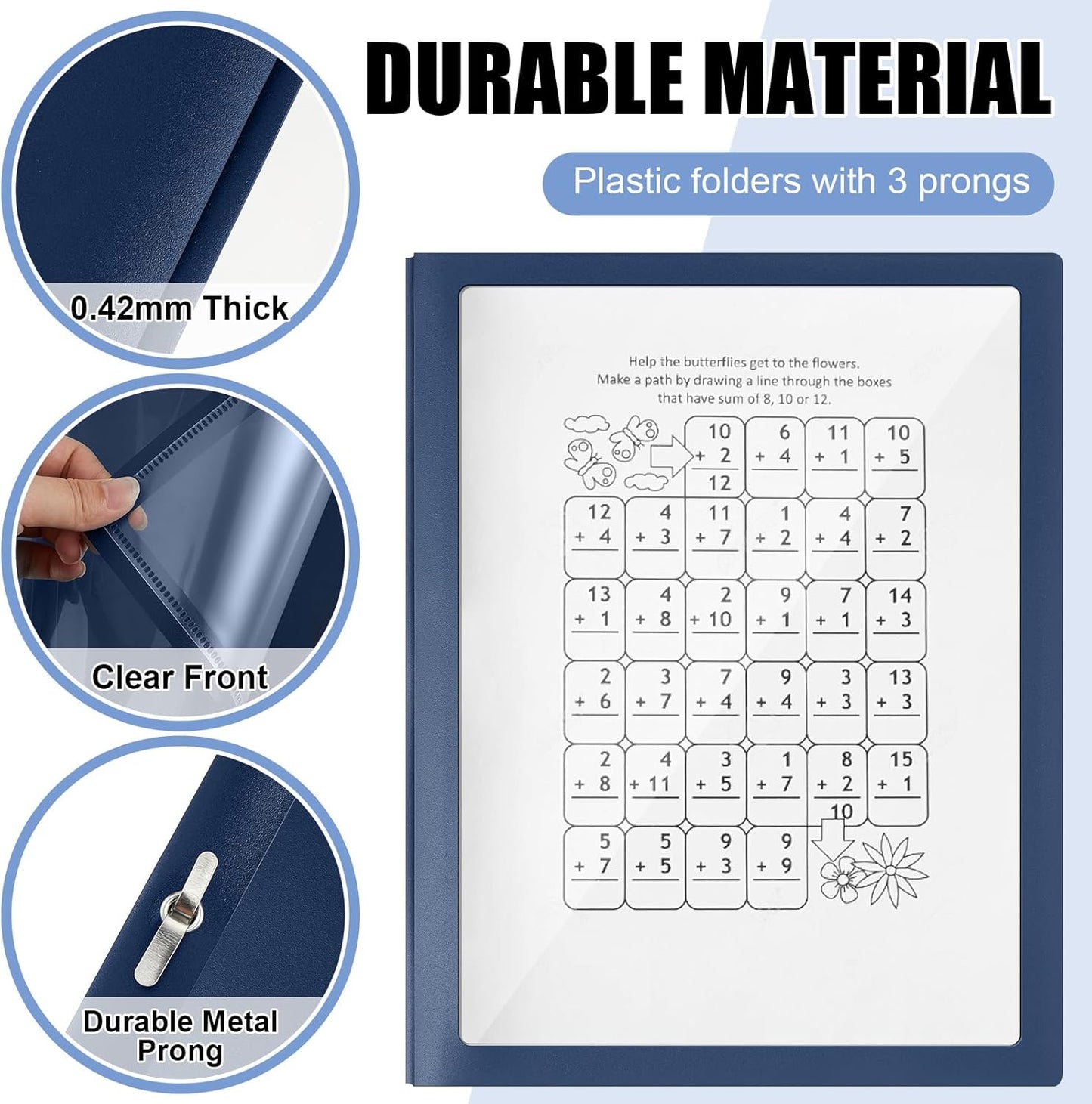 Teling 36 Pcs Report Covers with 3 Prong Fasteners Clear Front Presentation Folders Frame View Poly Report Folder Presentation Binder for Paper Document School Office (Navy Blue)