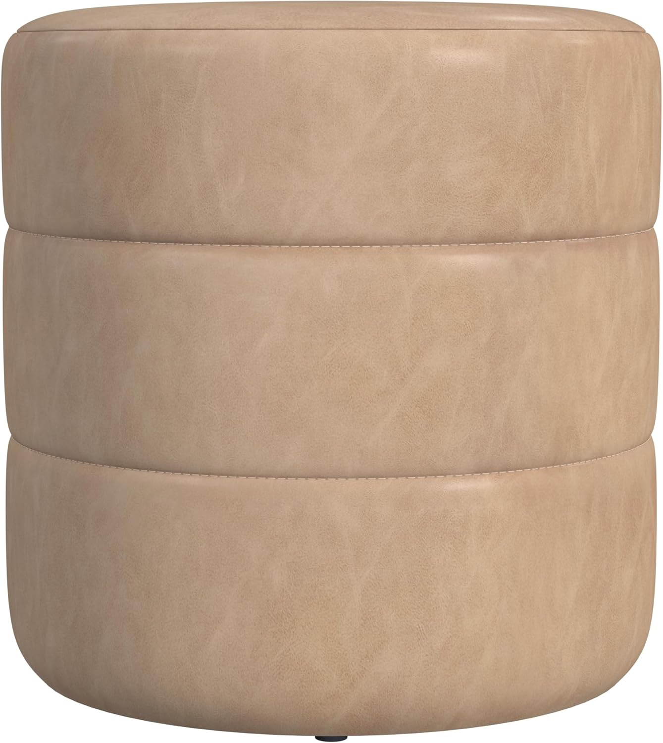 HomePop Upholstered Faux Leather Round Ottoman Home Décor|Foot Rest Ottoman- Sand Faux Leather