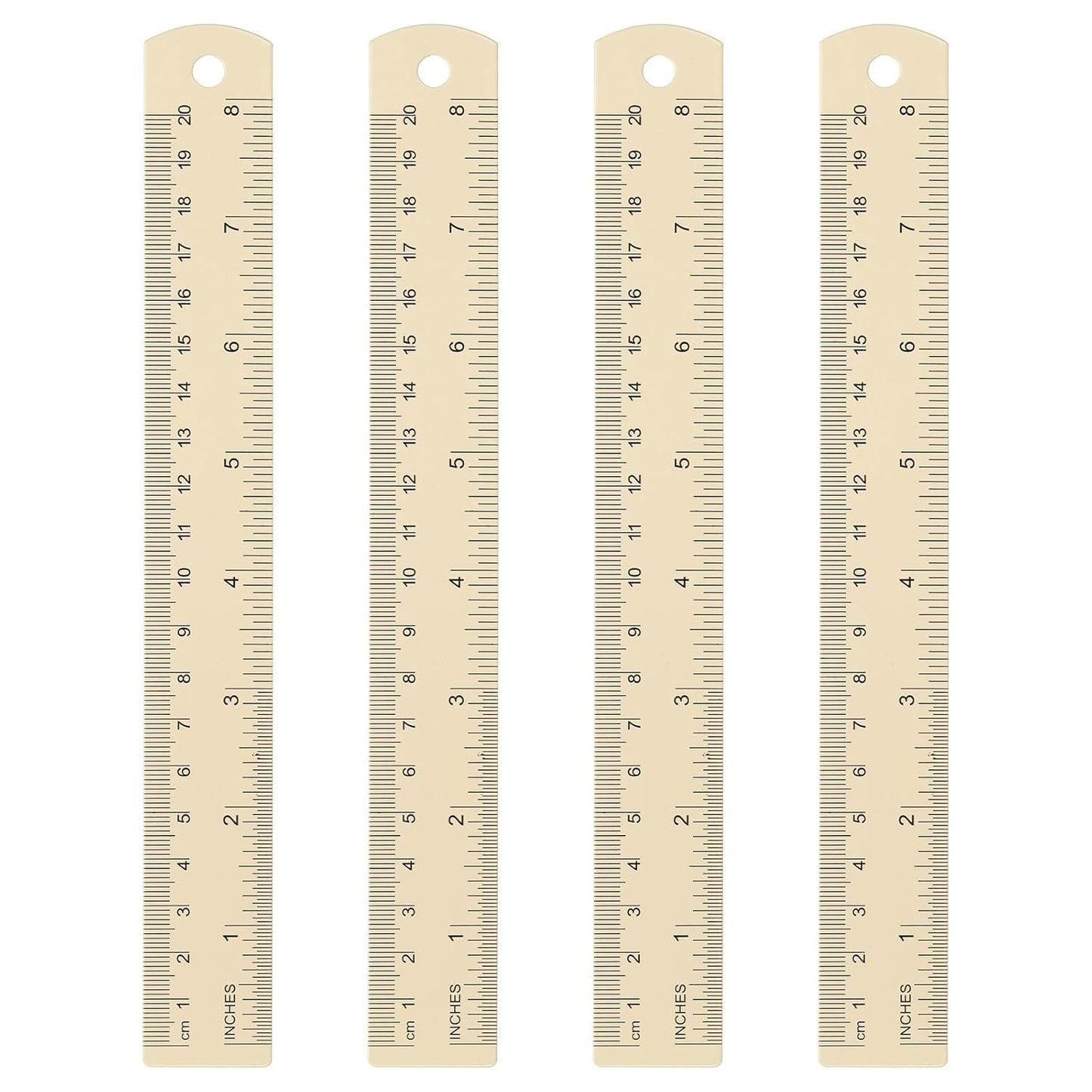 HARFINGTON 4pcs Metal Straight Ruler 20cm Metric SAE Aluminum Alloy Measuring Rulers Scale Tool with Hole for Measure Study Reading Classroom Office, Beige