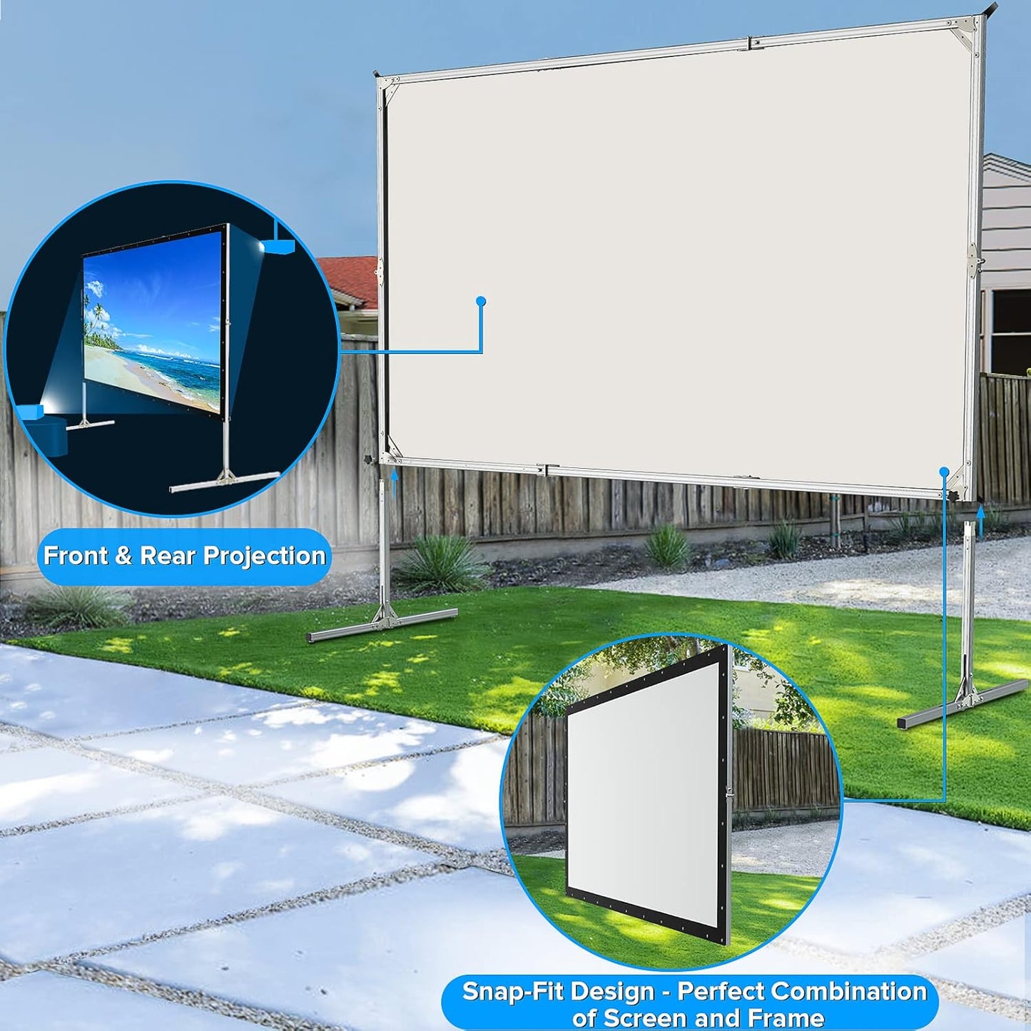 150 inch Projector Screen with Stand, Upgraded 3 Layers PVC 16:9 Outdoor Projector Screen, Outdoor Movie Screen with Carrying Bag for Home Theater Backyard